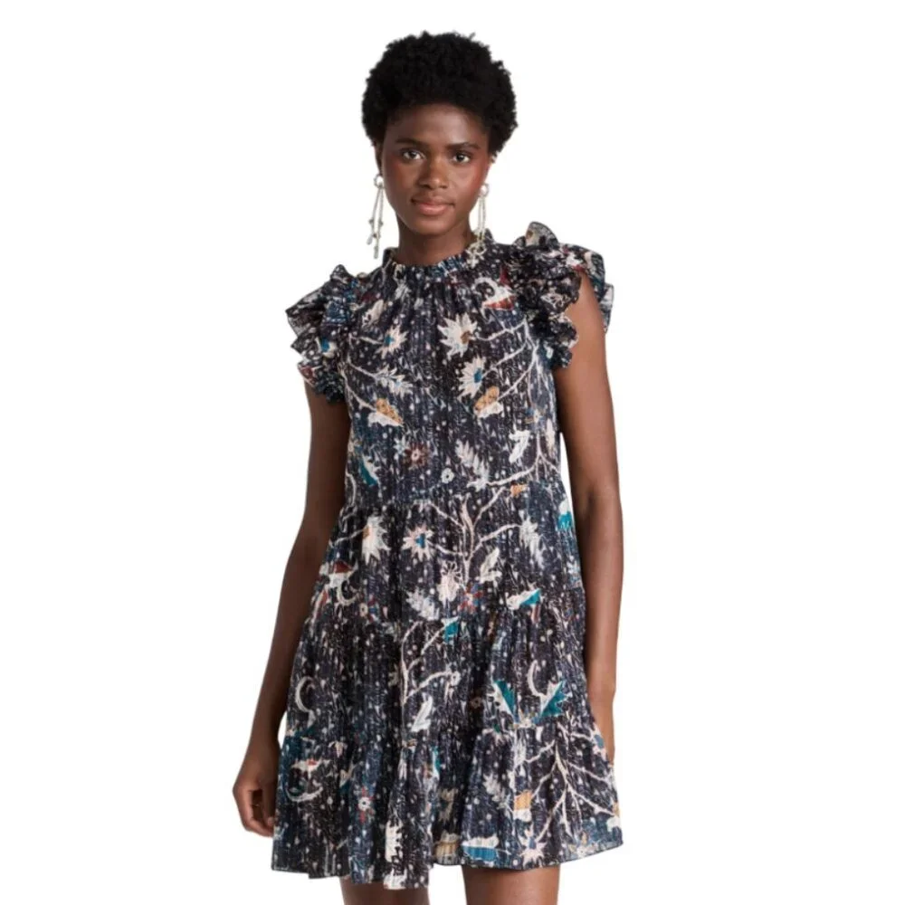 Ulla Johnson Denia Mini Dress Womens 2 Blue Cream Floral Print Flutter Sleeves - Picture 3 of 14